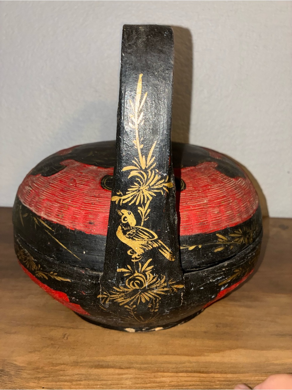 Vintage Chinese Peranakan Wedding Basket Hand Painted Black Red Bamboo rare - Picture 5 of 16